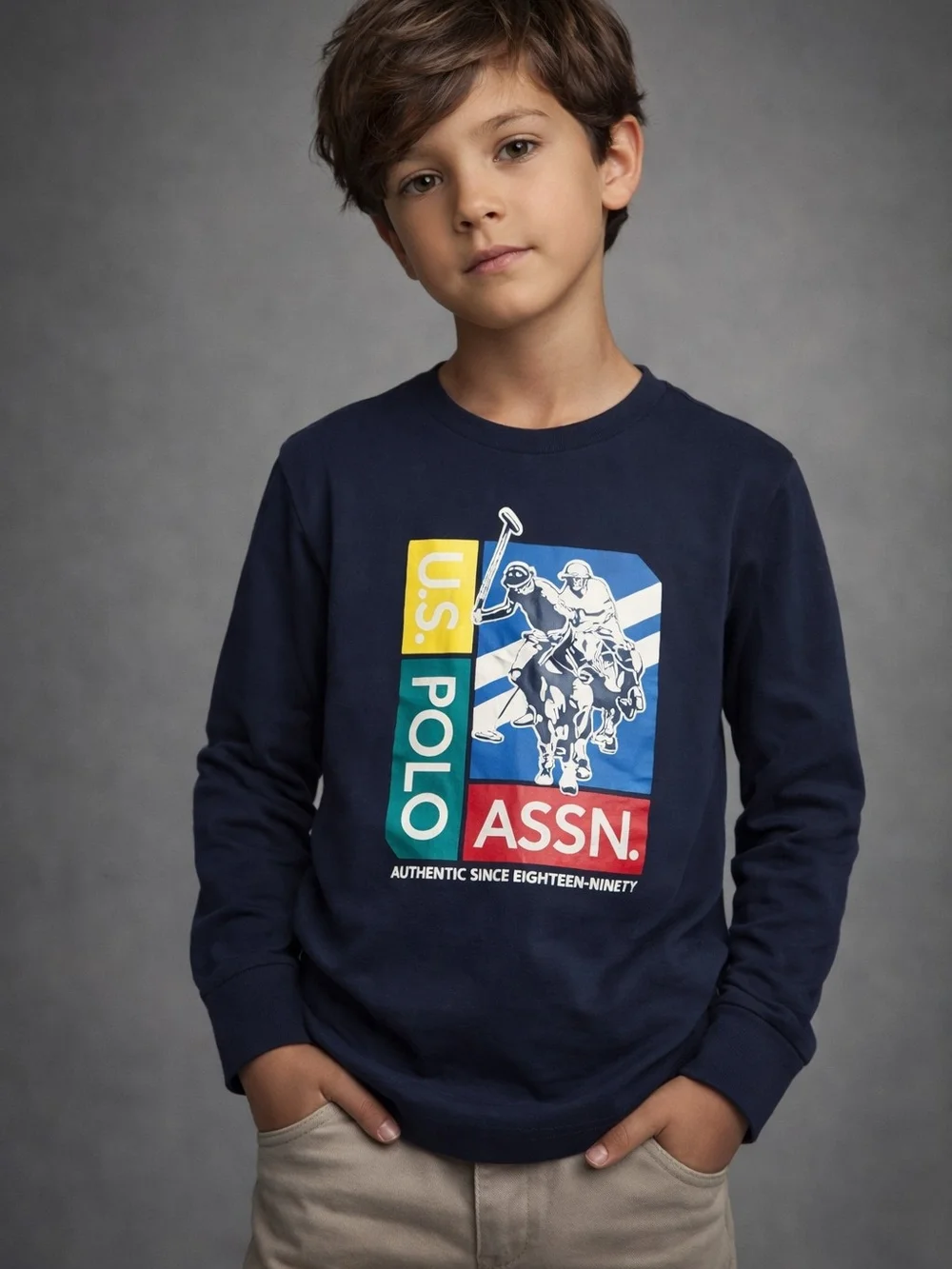 U.S. Polo Assn. Navy Long-Sleeve Tee with Multicolored Polo Graphic